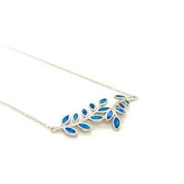 Women’s necklace, silver (925°), Olive Tree leaves with artificial opal