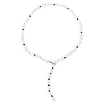 Κολιέ γυναικείο με λευκά μαργαριτάρια 8,5-10,5mm,ρουμπίνια, σμαράγδια, ζαφείρια και χρυσό κούμπωμα K18 με διαμάντια