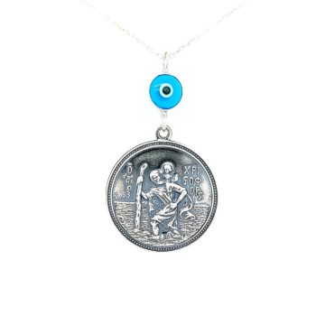 Car charm silver (925°), double-side Saint Christopher – Virgin Mary and evil eye
