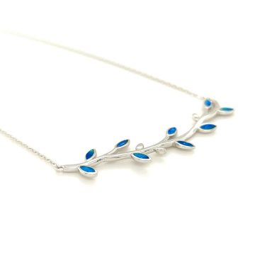 Women’s necklace, silver (925°), Olive Tree leaves with artificial opal
