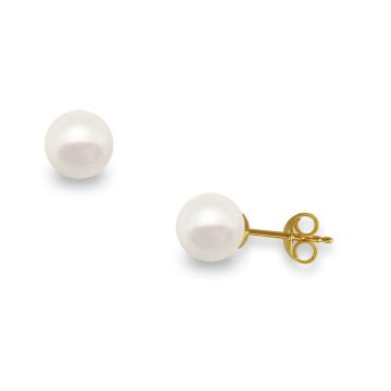 Women’s earrings with white pearls on a gold base K14 (585°), 7.0 – 7.5 mm