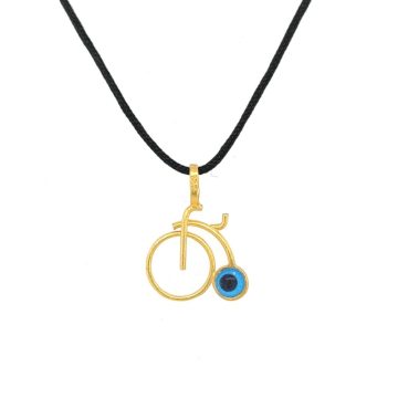 Children’s pendant bike  with blue eye , with black cord-Gold K14 (585°)-