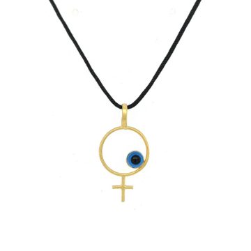 Children’s pendant Female gender symbol with a  blue eye , with black cord – Gold K14 (585°)-