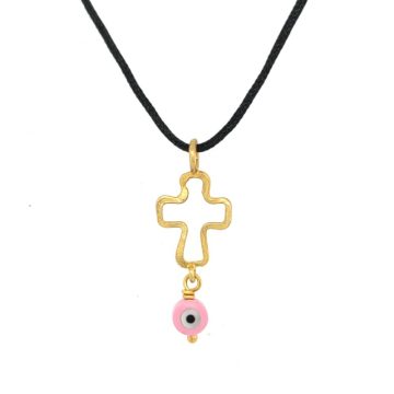 Παιδικό μενταγιόν σταυρός με ματάκι ροζ , με μαύρο κορδόνι -Χρυσός Κ14 (585°)-