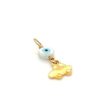 Children’s pendant car with a  blue eye , with black cord – Gold K14 (585°)-